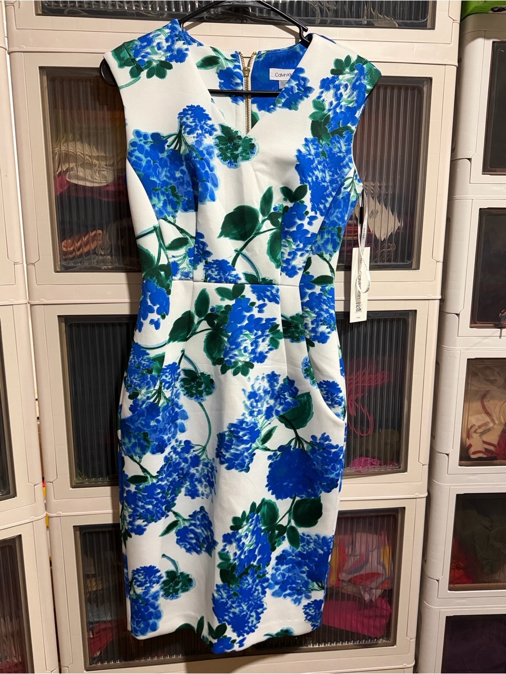 Calvin Klein White Sheath Dress with Blue and Green Floral Print